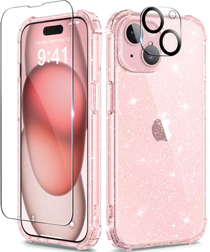 TIESZEN Kompatibel mit iPhone 15 Plus Hülle, [5 in 1] mit 2X Displayschutzfolie für Kamera Objektiv Schutz, [Nicht vergilbt] Crystal Clear Shockproof Hard Phone Case für Frauen 6.7",Pink von TIESZEN