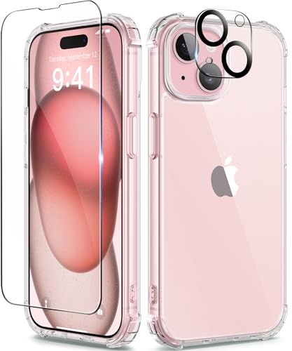 TIESZEN Kompatibel mit iPhone 15 Plus Hülle, [5 in 1] mit 2X Displayschutzfolie für Kamera Objektiv Schutz, [Nicht vergilbt] Crystal Clear Shockproof Hard Phone Case für Frauen 6.7",Transparent von TIESZEN