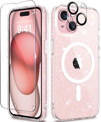 TIESZEN Kompatibel mit iPhone 15 Plus Hülle Glitter, [Kompatibel mit Magsafe],Mit 2X Screen Protector P22X Kamera Objektiv Protector, Funkelnde stoßfeste Hard Phone Case für Frauen 6.7",Mag Clear von TIESZEN