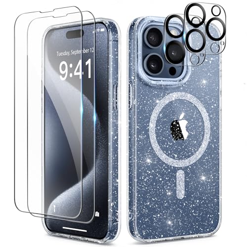 TIESZEN Kompatibel mit iPhone 15 Pro Max Case Glitter Clear, [Kompatibel mit Magsafe], mit 2X Screen Protector 2X Kamera Objektiv Protector, Bling Shockproof Slim Phone Case 6.7 Zoll, Shiny Clear von TIESZEN