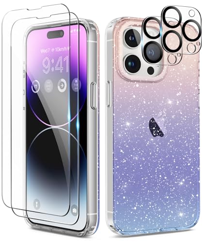 TIESZEN Kompatibel mit iPhone 15 Pro Max Fall Glitter Clear, [5 in 1] mit 2X Bildschirmschutz 2X Kamera Objektiv Schutz, Nette Bling Military Grade Schockproof Slim Phone Case 6.7 Zoll, Gradient von TIESZEN