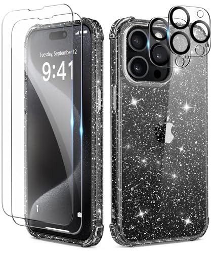 TIESZEN Kompatibel mit iPhone 15 Pro Max Fall Glitter Clear, [5 in 1] mit 2X Bildschirmschutz 2X Kamera Objektiv Schutz, Nette Bling Military Grade Schockproof Slim Phone Case 6.7 Zoll, Shiny Black von TIESZEN