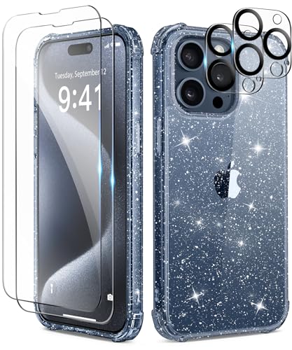 TIESZEN Kompatibel mit iPhone 15 Pro Max Fall Glitter Clear, [5 in 1] mit 2X Bildschirmschutz 2X Kamera Objektiv Schutz, Nette Bling Military Grade Schockproof Slim Phone Case 6.7 Zoll, Shiny Blue von TIESZEN