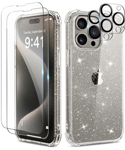 TIESZEN Kompatibel mit iPhone 15 Pro Max Fall Glitter Clear, [5 in 1] mit 2X Bildschirmschutz 2X Kamera Objektiv Schutz, Nette Bling Military Grade Schockproof Slim Phone Case 6.7 Zoll, Shiny Clear von TIESZEN