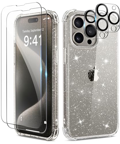 TIESZEN Kompatibel mit iPhone 15 Pro Max Fall Glitter Clear 2X Bildschirmschutz 2X Kamera Objektiv Schutz Schockproof Slim Phone Case 6.7 Zoll, Clear von TIESZEN