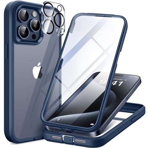 TIESZEN Kompatibel mit iPhone 15 Pro Max Hülle, [Staubdichtes Design] Robuste, stoßfeste Handyhülle mit eingebautem 9H gehärtetem Glas Bildschirm und 2X Kamera Objektivschutz,Blau von TIESZEN