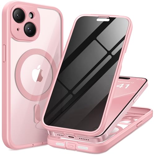 TIESZEN Magnetic für iPhone 15 Hülle Kompatibel mit Magsafe, [Staubdichtes Design] Eingebaute 9H HD gehärtetes Glas Displayschutzfolie Datenschutz Displayschutzfolie 2X Kamera Objektivschutz, Pink von TIESZEN