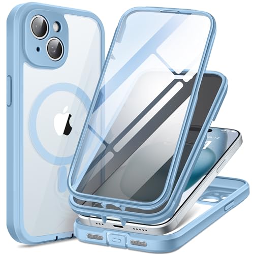 TIESZEN Magnetic für iPhone 15 Hülle Kompatibel mit Magsafe, [Staubdichtes Design] Eingebauter 9H HD gehärtetes Glas Displayschutzfolie für Datenschutz und 2X Kamera Objektivschutz, Blau von TIESZEN