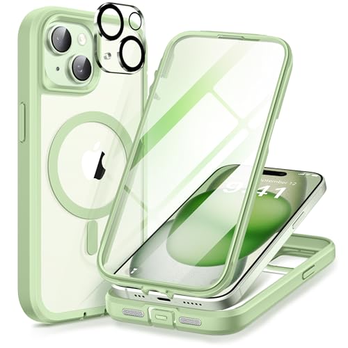 TIESZEN Magnetic für iPhone 15 Hülle Kompatibel mit Magsafe, [Staubdichtes Design] Eingebauter 9H HD gehärtetes Glas Displayschutzfolie für Datenschutz und 2X Kamera Objektivschutz, Grün von TIESZEN