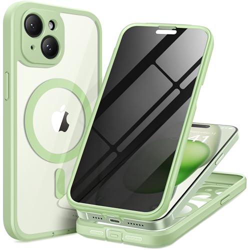 TIESZEN Magnetic für iPhone 15 Plus Hülle, Staubdicht Stoßfeste Design Kompatibel mit Magsafe, Eingebauter Privacy Screen Protector T9H Gehärtetes Glas Displayschutz +2X Kamera Objektiv Schutz - Grün von TIESZEN