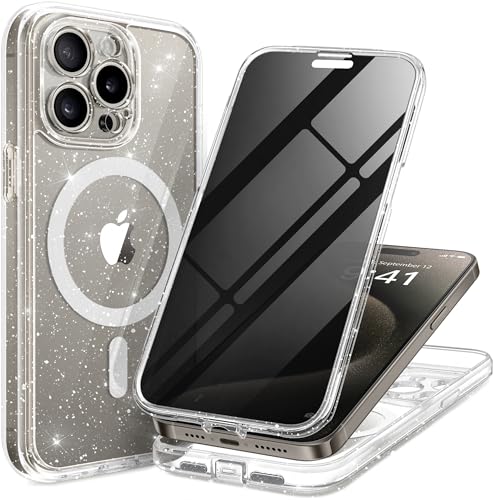 TIESZEN Magnetic für iPhone 15 Pro Max Case, Staubdichtes Design Kompatibel mit MagSafe, Eingebauter 9H gehärteter Glas-Displayschutzfolie für Datenschutz-Displayschutz +2X Kamera-Objektivschutz,Clear von TIESZEN