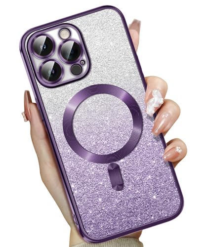 TIESZEN Magnetisch für iPhone 15 Pro Hülle Glitzer [Kompatibel mit Magsafe], Vollkamera-Objektivschutz & 2X Displayschutzfolie, Luxus Plating Bling Weich Stoßfest Slim Phone Case für Frauen, Lila von TIESZEN