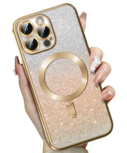 TIESZEN Magnetisch für iPhone 15 Pro Max Hülle [Kompatibel mit Magsafe], Plating Glitzer Hülle mit vollem Kameraschutz + 2X Displayschutzfolie, Weiche Stoßfeste Handyhülle für iPhone 15 Pro Max, Gold von TIESZEN