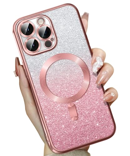 TIESZEN Magnetische Schutzhülle für iPhone 15 Pro, Glitzer [Kompatibel mit Magsafe], Vollkameraobjektivschutz & 2 x Displayschutzfolie, luxuriöse Beschichtung, weich, stoßfest, schlanke Handyhülle für von TIESZEN