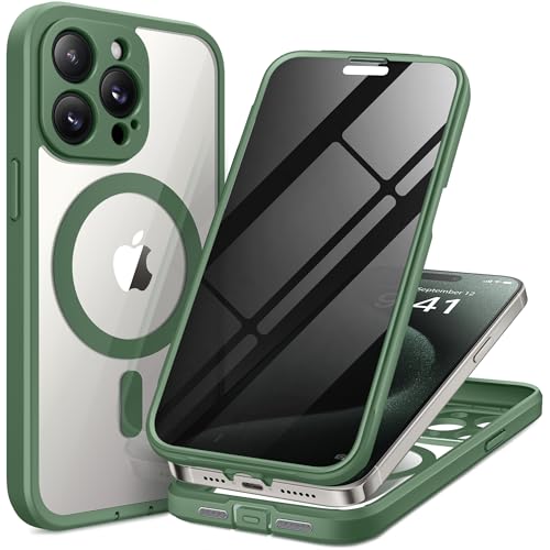 TIESZEN Magnetisch für iPhone 15 Pro Hülle, kompatibel mit MagSafe, eingebauter Sichtschutz und Kameraschutz, Anti Spy Ganzkörper Staubdicht Stoßfest Hard Phone Case 6,1 Zoll, Kieferngrün von TIESZEN