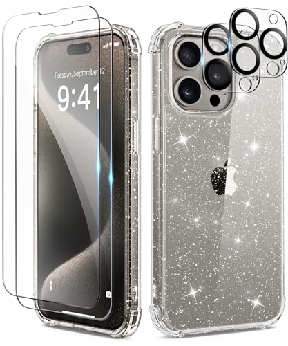 TIESZEN für iPhone 15 Pro Case Glitter, mit 1X Bildschirmschutz + 1X Kameraobjektivschutz, [Nicht vergilbend] Klarer schlanker stoßfester Hard Phone Cover für Frauen 6.1", Shiny Clear von TIESZEN
