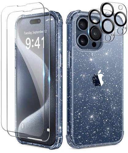 TIESZEN für iPhone 15 Pro Case Glitter, mit 2X Bildschirmschutz + 2X Kameraobjektivschutz, [Nicht vergilbend] Klarer schlanker stoßfester Hard Phone Cover für Frauen 6.1, Blau von TIESZEN