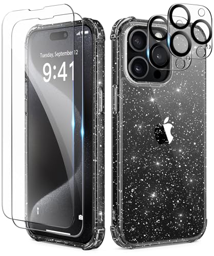 TIESZEN für iPhone 15 Pro Case Glitter, mit 2X Bildschirmschutz + 2X Kameraobjektivschutz, [Nicht vergilbend] Klarer schlanker stoßfester Hard Phone Cover für Frauen 6.1", Schwarz von TIESZEN