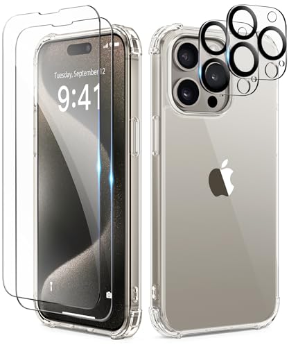 TIESZEN für iPhone 15 Pro Case Glitter, mit 2X Bildschirmschutz + 2X Kameraobjektivschutz, [Nicht vergilbend] Klarer schlanker stoßfester Hard Phone Cover für Frauen 6.1", Transparent von TIESZEN
