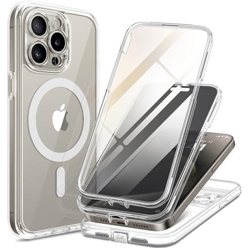 TIESZEN für iPhone 15 Pro Case Magnetic, kompatibel mit Magsafe Built-in 9H Tempered Screen Protector & Privacy Screen Protector & 2X Camera Lens Protectors, Dustproof Clear Phone Case,Transparent von TIESZEN