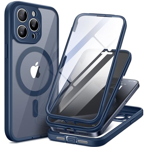 TIESZEN für iPhone 15 Pro Case Magnetic, kompatibel mit Magsafe Built-in 9H Tempered Screen Protector & Privacy Screen Protector & 2X Camera Lens Protectors, Dustproof Clear Phone Case, Blau von TIESZEN