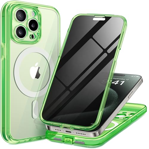 TIESZEN für iPhone 15 Pro Case Magnetic, kompatibel mit Magsafe Built-in 9H Tempered Screen Protector & Privacy Screen Protector & 2X Camera Lens Protectors, Dustproof Clear Phone Case,Green von TIESZEN