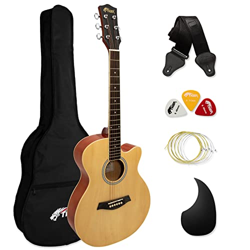 TIGER ACG1-NT34 3/4 Akustikgitarre, mit Stahlsaiten bespannte Small Body Akustikgitarre für das Alter von 12+, mit Tasche, Gurt, Ersatzsaiten und Plektren - Natur von TIGER