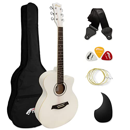 TIGER ACG1-WH34 3/4 Akustikgitarre, mit Stahlsaiten bespannte Small Body Akustikgitarre für das Alter von 12+, mit Tasche, Gurt, Ersatzsaiten und Plektren - Weiß von Tiger