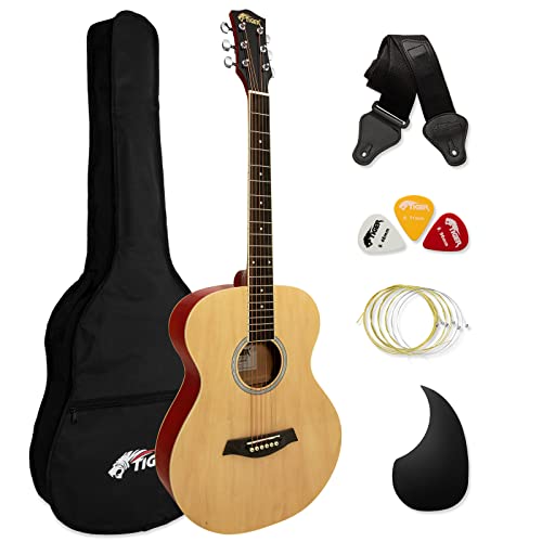 TIGER ACG2-NT Akustische Stahlsaiten-Gitarre, volle Größe, für Anfänger, Packung enthält Gigbag, Gurt, Scratchplate und Ersatzsaiten - Natur von TIGER