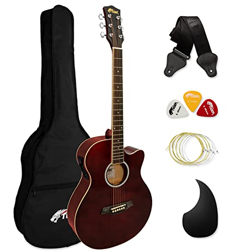 TIGER ACG4-RD Full-Size Elektro-Akustische Gitarre, Paket für Anfänger, mit eingebautem Tuner und EQ - Rot von Tiger