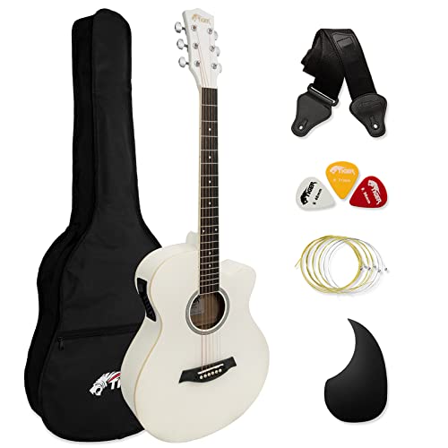 TIGER ACG4-WH Full Size 4/4 Elektro-Akustische Gitarre für Anfänger, mit eingebautem 3-Band EQ - Packung enthält Gigbag, Gurt und Ersatzsaiten - Weiß von TIGER