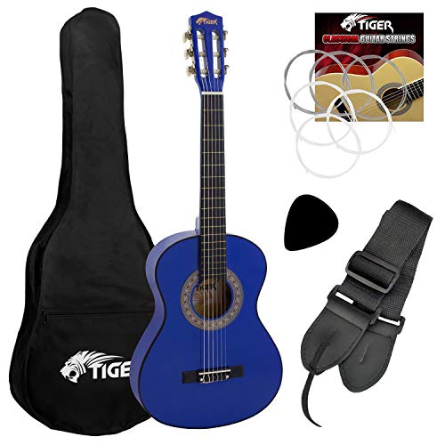 TIGER CLG6-BL Klassische Gitarre für Anfänger, 1/2 Größe, im Set - inklusive Gigbag, Ersatz-Nylonsaiten und Gitarrenpick - Blau von TIGER