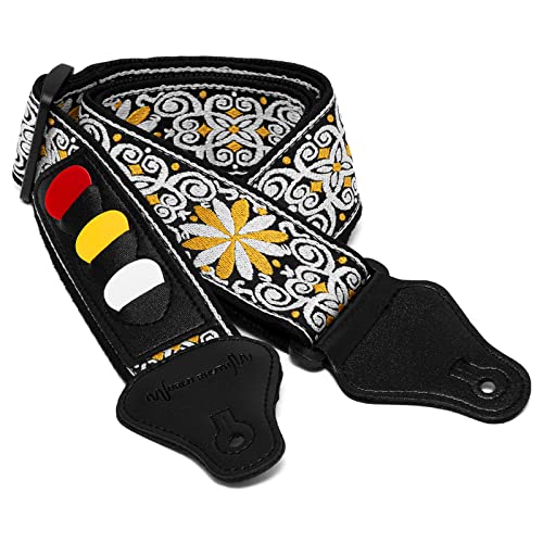 TIGER Gitarrengurtmit Blumenmuster, gelb, bestickt, Baumwolle, für E-Gitarre, Akustik-, Klassik- und Bassgitarren mit Plektrumhalter und Plektren, WR-213 von World Rhythm