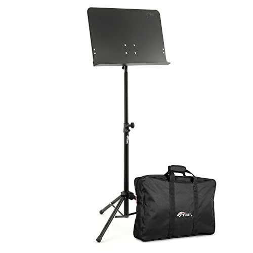 TIGER MUS14-BG Orchester-Notenständer mit Tasche - Teleskopisch - Orchester, Schulen, Sänger und Solomusiker - Höhe der Auflageleiste 62-102cm - Schwarz von Tiger