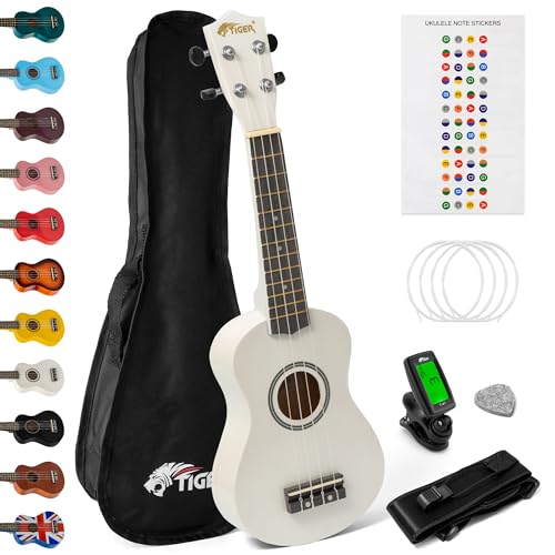 TIGER Sopran-Ukulele, Anfänger-Set. Stimmgerät, Gurt, Tasche, Pick, Saiten - Weiß TIGER Sopran-Ukulele, Anfänger-Set. Stimmgerät, Gurt, Tasche, Pick, Saiten - Weiß von Tiger