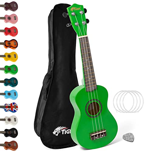 TIGER UK7- Ukulele für Anfänger enthält eine Gig Bag, ein Filzplektrum, einen Satz Ersatzseiten mit Aquila Saiten - Grün von TIGER