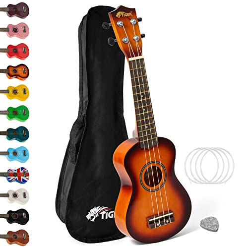 TIGER UK7- Ukulele für Anfänger enthält eine Gig Bag, ein Filzplektrum, einen Satz Ersatzseiten mit Aquila Saiten - Sunburst von Tiger