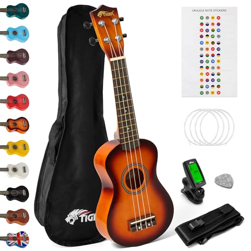 TIGER UKEKIT-SB Sopran-Ukulele, Anfänger-Set. Stimmgerät, Gurt, Tasche, Pick, Saiten - Sunburst von Tiger