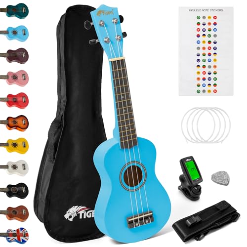 TIGER UKEKIT Ukulele-Set für Anfänger, Sopran-Ukulele, Stimmgerät, Gurt, Uke Stickers, Ersatzsaiten und Filzplektrum - Blau - TIGER UKEKIT Ukulele-Set für Anfänger, Sopran-Ukulele, Stimmgerät, Gurt, Uke Stickers, Ersatzsaiten und Filzplektrum - Blau - von Tiger