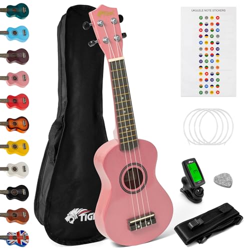 TIGER UKEKIT Ukulele-Set für Anfänger, Sopran-Ukulele, Stimmgerät, Gurt, Uke Stickers, Ersatzsaiten und Filzplektrum - Rosa - TIGER UKEKIT Ukulele-Set für Anfänger, Sopran-Ukulele, Stimmgerät, Gurt, Uke Stickers, Ersatzsaiten und Filzplektrum - Rosa - von Tiger