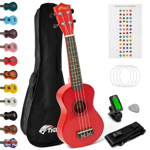 TIGER UKEKIT Ukulele-Set für Anfänger, Sopran-Ukulele, Stimmgerät, Gurt, Uke Stickers, Ersatzsaiten und Filzplektrum - Rot - von TIGER