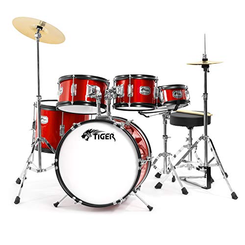 Tiger JDS14 - RD 5-teiliges Junior-Drumset - Rotes Kinder-Drumset, für 3-10 Jahre von TIGER