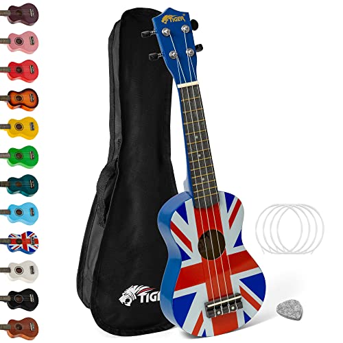 Tiger UKE10 - UK Sopran Ukulele für Anfänger inklusive Gig Bag, Filzplektrum, ein Satz Ersatzseiten. Neu in 2020 ausgestattet mit Aquila Saiten, Union Jack von TIGER