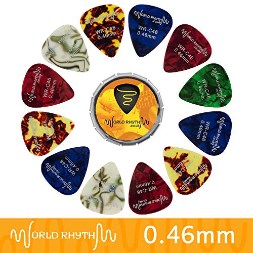 World Rhythm 0.46mm Gitarrenpicks - 12 Zelluloid Gitarren-Plektren und Aufbewahrungsdose - Auswahl an Farben/Designs WR-C46 von TIGER