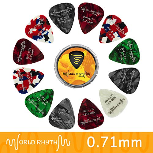 World Rhythm 0.71mm Gitarrenpicks - 12 Zelluloid Gitarrenplektren & Aufbewahrungsdose - Auswahl an Farben/Designs von TIGER