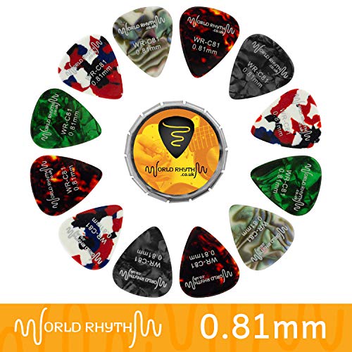 World Rhythm 0.81mm Gitarrenpicks - 12 Zelluloid Gitarrenplektren & Aufbewahrungsdose - Auswahl an Farben/Designs von TIGER