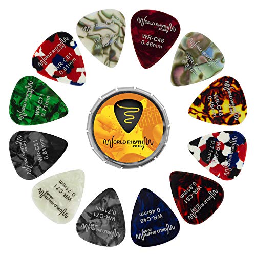 World Rhythm Gitarrenpickdose & Gitarrenplektren - 12 Gitarrenpicks, verschiedene Gauges, 0.46mm, 0.71mm, 0.81mm von World Rhythm