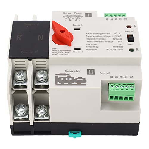 Automatischer Transferschalter, Dual Power 2P-Umschalter Elektrischer Schalter Flammhemmendes Material für Generator-AC220V-Anwendungen (63A) von TIKATARER