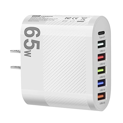 Wand-Ladegerät, Schnellladekopf für Mobiltelefon, 65 W, 6 Anschlüsse T5USB + Typ C, Ladeblock Typ C für Tablets, Kameras und von TILEZE