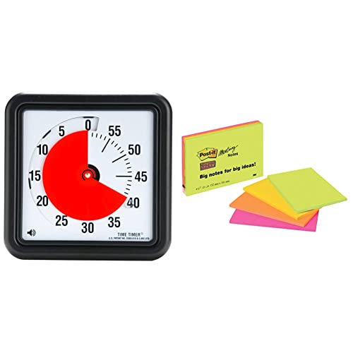 Time TTA1-W Timer Original Medium 20x20 cm (schwarz) & Post-it Super Sticky Meeting Notes 6445-4SS – Selbstklebende Haftnotizzettel in 152 x 101 mm – 4 Notizblöcke rechteckig à 45 Blatt in 4 Farben von TIME TIMER